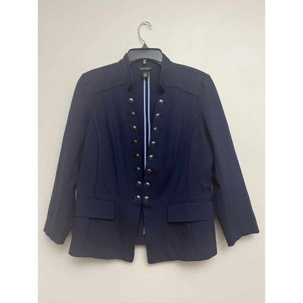 White House Black Market Military Jacket Womens 16 Blue Stretch Hook & Eye Close